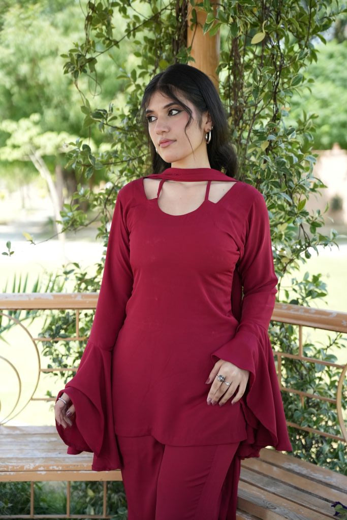 3-Piece - Y2k Bell Bottom Kurti Set | Maroon