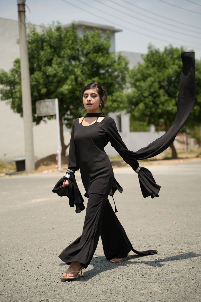 3-Piece- Y2k Bell Bottom Kurti Set - Black