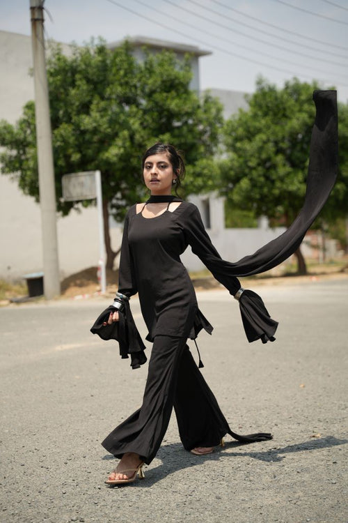 3-Piece- Y2k Bell Bottom Kurti Set - Black