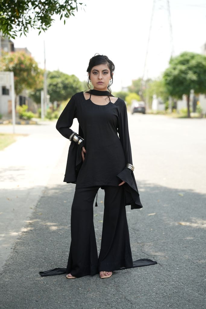 3-Piece- Y2k Bell Bottom Kurti Set - Black